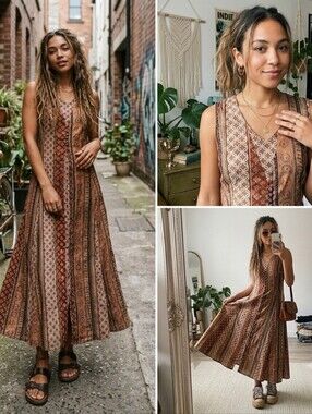 Vintage 90s Boho/Tribal Sleeveless Fitted Earth toned Unique Maxi Dress